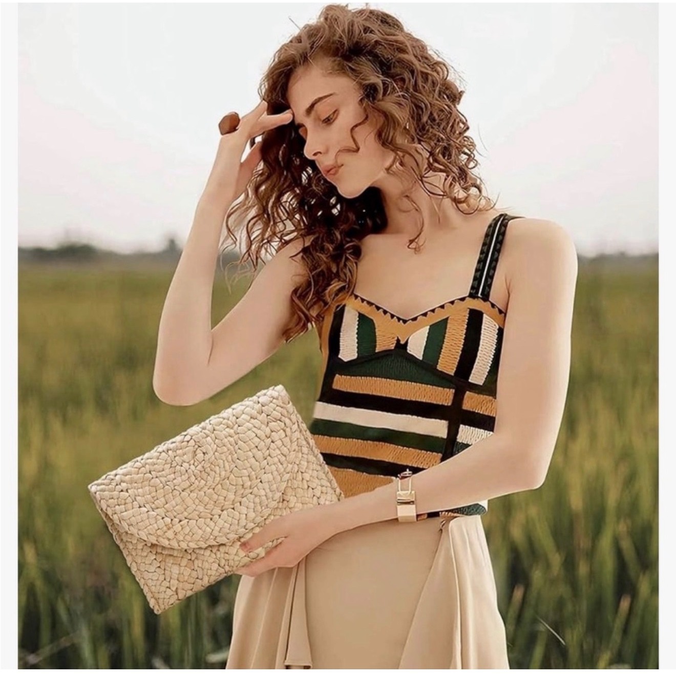 Vtg Style Woven Retro Rattan Jute Clutch Purse Handbag Tan Brown Like New